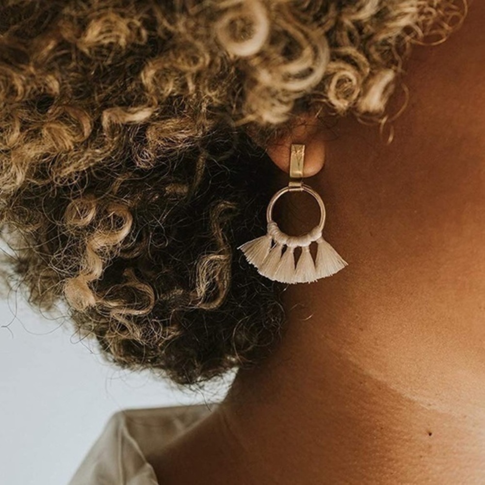 Matr Boomie,Handmade Fair Trade Gold Finish Hoop Earrings w/ Pearl White